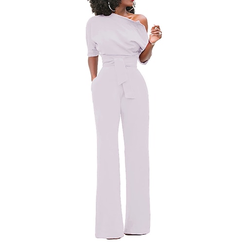 Damen Normal Jumpsuit Elegant Feste Farbe Halbe Ärmel Ein-Schulter Tasche Hohe Taillenlinie Hochzeit Party Regular Fit Schwarz Weiß Gelb Herbst Image