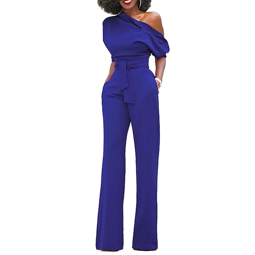 Damen Normal Jumpsuit Elegant Feste Farbe Halbe Ärmel Ein-Schulter Tasche Hohe Taillenlinie Hochzeit Party Regular Fit Schwarz Weiß Gelb Herbst Image