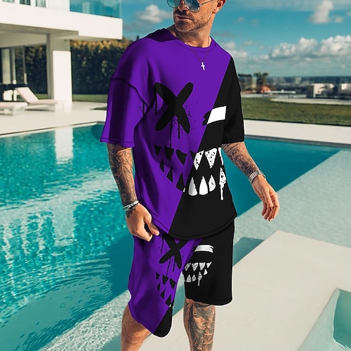 Herren Grafik Grimasse 2St T-Shirts-Sets Passende Sets Kurzarm Kurze Hosen Rundhalsausschnitt Designer Lässig Bequem Outdoor Urlaub Täglich 3D-Druck Frühling Sommer Hellgelb Dunkelgelb Schwarz und Image