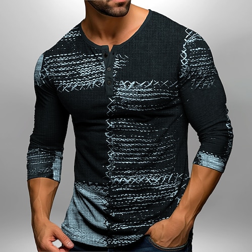 Herren Grafik Patchwork Henley Hemd Waffel-T-Shirt Langarm 3D-Druck Mode Designer Lässig Sport im Freien Ferien Festival Frühling Herbst Schwarz Braun Grün Dunkelblau Henley Henley T-Shirt Image