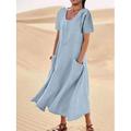 Damen Langes Kleid Maxikleid Leinen-inspirierte Kleider Freizeitkleid Sommerkleid Einfarbiges Kleid Maxi Basic Straße Date Lässiger Schnitt Kurzarm Rundhalsausschnitt Schwarz Rosa Himmelblau Purpur