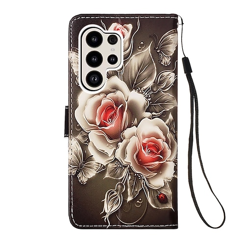 Handy Hülle Handyhüllen Für Samsung Galaxy S26 Ultra Plus S25 S24 S23 S22 S23 FE S21 Ultra Plus S20 A14 A34 Rückseite Brieftaschenhülle Mit Ständer Magnetisch Mit Handgelenkschlaufe Retro TPU PU-Leder Image