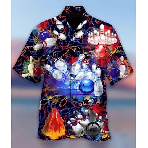 Herren Bowlingkugel Hemd Hawaiihemd Sommerhemd Aloha-Shirt Kurze Ärmel Hemd Umlegekragen Tropisch Modisch Hawaiianisch Strasse Casual Hawaiianisch Gelb Schwarz / Rot Rote S M L Image