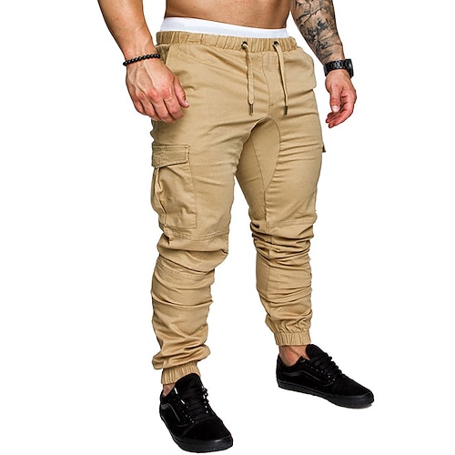 Herren Cargohose Cargohosen Cargohose Hose Hosen Kordelzug Elastische Taille Feste Farbe In voller Länge Casual Täglich Strassenmode Basic Schwarz Weiß Image