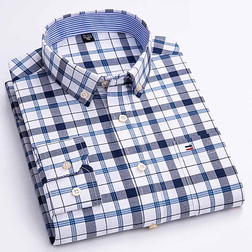 Herren Kleidhemd Durchgeknöpft Hemd Oxford Hemd Bügelfreies Hemd Streifen und Karo Hochzeit Urlaub Grau Blau Rote Blau Braun Langarm Umlegekragen Ganzjahres Bekleidung Button-Down Image