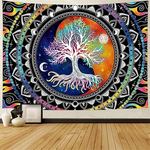 Baum des Lebens hängender Wandteppich, Sonne, Mond, Wandkunst, großer Wandteppich, Wanddekoration, Fotografie, Hintergrund, Decke, Vorhang, Zuhause, Schlafzimmer, Wohnzimmer, Dekoration Image