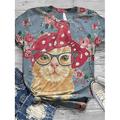 Damen T-Shirt, modisch, lustig, Blumen-/Katzen-Print, kurzärmlig, normale Oberteile, Rundhalsausschnitt, Urlaub, Wochenende, schwarz, gelb, rot, blau, braun, Frühlingamp; Sommer