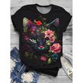 Damen T-Shirt, modisch, lustig, Blumen-/Katzen-Print, kurzärmlig, normale Oberteile, Rundhalsausschnitt, Urlaub, Wochenende, schwarz, gelb, rot, blau, braun, Frühlingamp; Sommer