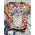 Damen T-Shirt, modisch, lustig, Blumen-/Katzen-Print, kurzärmlig, normale Oberteile, Rundhalsausschnitt, Urlaub, Wochenende, schwarz, gelb, rot, blau, braun, Frühlingamp; Sommer