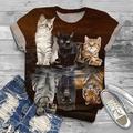 Damen T-Shirt, modisch, lustig, Blumen-/Katzen-Print, kurzärmlig, normale Oberteile, Rundhalsausschnitt, Urlaub, Wochenende, schwarz, gelb, rot, blau, braun, Frühlingamp; Sommer