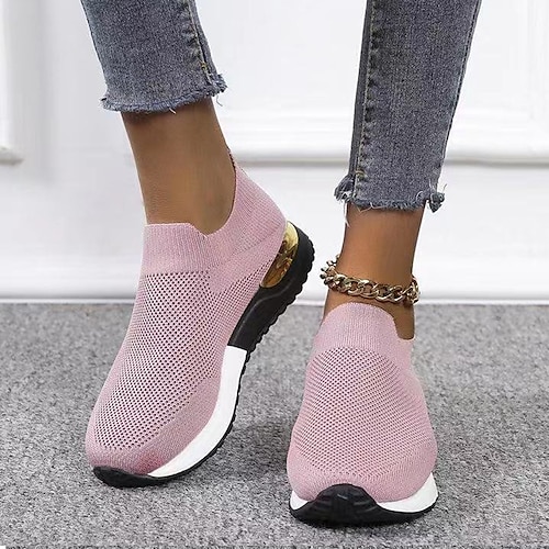 Schwarze Slip-On-Sneaker aus Strick für Damen – stylische Freizeitschuhe mit goldenem Absatzakzent, leicht und bequem für den Alltag Image