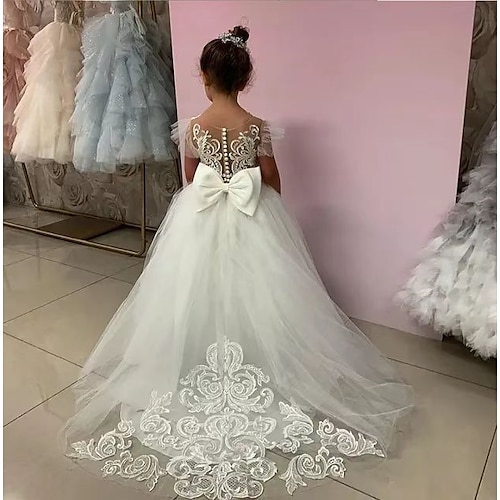 Blumenmädchenkleid Mädchen Kleid für die Erstkommunion Party Kleid Leistung Hochzeit Party Prinzessin Süß Gitter Feste Farbe Ärmellos Rundhalsausschnitt Weiß Champagner 2-12 Jahre Image