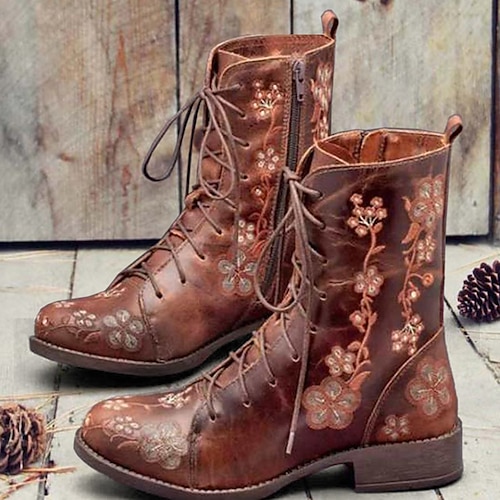 Damen Stiefel Kampfstiefel Stiefeletten Täglich Outdoor Blumen Stiefeletten Stickerei Niedriger Absatz Blockabsatz Runde Zehe Elegant Vintage Lässig PU Loafer Gelb Rot Blau Image