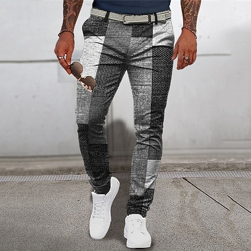 Plaid Geometrie Geschäftlich Herren 3D-Druck Hosen Hose Outdoor Strasse Tragen Sie, um zu arbeiten Polyester Gelb Blau Grün S M L Mittlere Taillenlinie Elastizität Hose Image