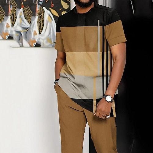 Herren Grafik Farbblock 2St T-Shirts-Sets T-Shirt Kurzarm Lange Hosen Rundhalsausschnitt Designer Lässig Bequem Outdoor Urlaub Täglich 3D-Druck Frühling Sommer Blau Dunkelgrün Braun Image