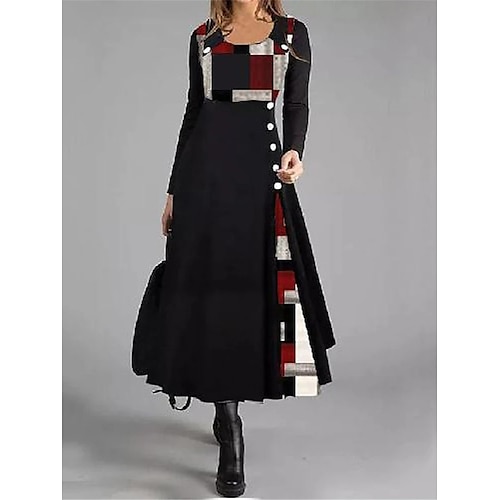 Freizeitkleid für Damen, A-Linie, geometrisch, Patchwork, Knopfleiste, lange Ärmel, Rundhalsausschnitt, schwarz, rot, Arbeit, Herbst, Winter, weich, bequem, regulär