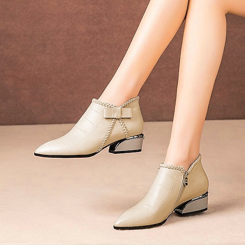 Beige Damen Stiefeletten aus Kunstleder mit Schleife und Blockabsatz, elegante spitze Stiefeletten für Büro und Party Image