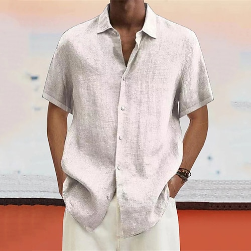 Herren leinenhemd Sommerhemd Strandbekleidung Knopfhemd Glatt Urlaub Curise Schwarz Weiß Blau Violett Kurzarm Umlegekragen Frühling Herbst Bekleidung Button-Down Image