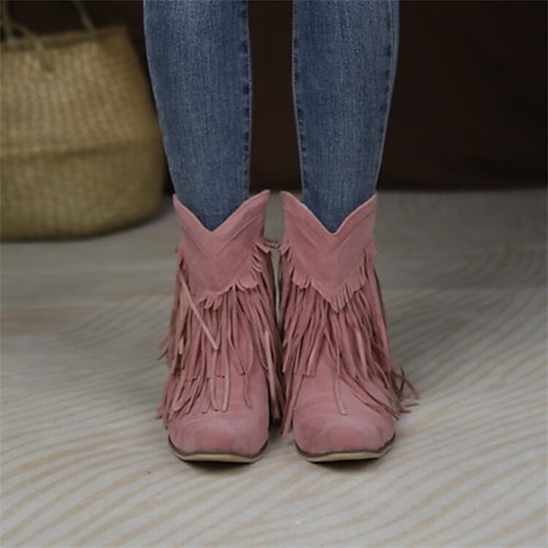 Damenstiefeletten im Westernstil mit Fransen aus rosa Wildleder – Boho-Chic-Stil für Freizeitausflüge und Musikfestivals Image