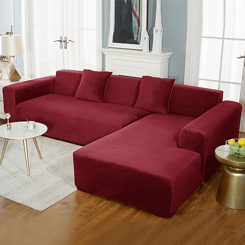 Samt-Sofabezug, weinrot, Stretch-Sofabezug für Kissencouch, dicker, weicher Sofabezug, waschbarer Möbelschutz, Sofabezüge für Hunde, passgenauer Sofabezug Image