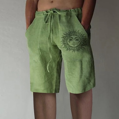 Herren Shorts Leinenshorts Sommershorts Baggy-Shorts Elastischer Bund Druck Gerader Schnitt Sonne Grafikdrucke Komfort Atmungsaktiv Knielang Täglich Sport im Freien Mode Große Größen Weiß Grün Image