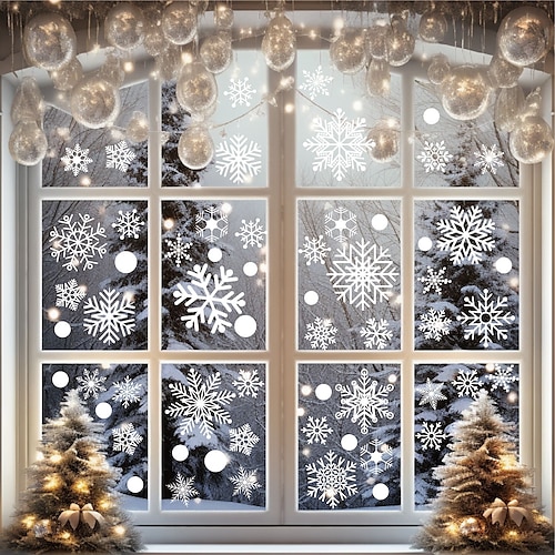 6 Blatt/Set, 114 Stück Schneeflocken-Fensteraufkleber, Weihnachtsdekoration, winterliche Tür-Hintergrunddekoration, weiße Schneeflocken-Aufkleber für elektrostatisches Glas Image