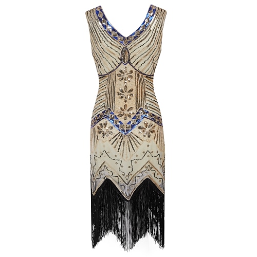 Goldene Zwanziger 1920er Knielang Kleid Flapper Kleid Abschlussballkleid Ärmellos Der große Gatsby Charleston Hochzeitsgast Quastenfransen V Ausschnitt Kostüm Damen Abschlussball Abendgesellschaft Image