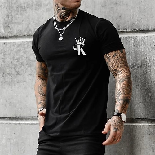 Herren Schwarzes Kurzarm T-Shirt mit Krone K Initial Grafik Lässiges Shirt Image
