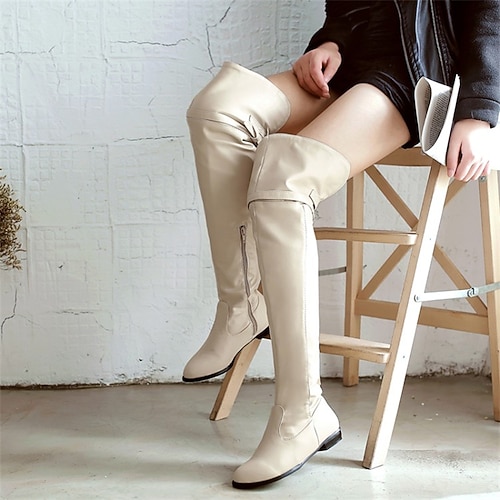 Flache Overknee-Reitstiefel für Damen – elegante Overknee-Stiefel aus Kunstleder mit Reißverschluss für den Alltag im Herbst und Winter sowie für Freizeitausflüge Image