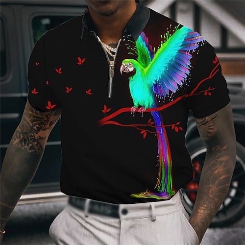 Herren Papagei Hawaiianische Polohemden Golfshirt Kurzarm Polo-Shirts Hemden mit Kragen Lässig Lustig Strandbekleidung Urlaubskleidung Party-Outfits 3D-Druck Viertelreißverschluss-Poloshirt Blau Gelb Image
