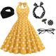 Damen-Rockabilly-Kleid in A-Linie, gepunktet, Neckholder, Swing-Kleid, ausgestelltes Kleid mit Zubehör-Set, 1950er-60er-Jahre, Retro-Vintage-Stil, mit Stirnband, Schal, Ohrringen, Katzenbrille, 5