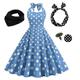 Damen-Rockabilly-Kleid in A-Linie, gepunktet, Neckholder, Swing-Kleid, ausgestelltes Kleid mit Zubehör-Set, 1950er-60er-Jahre, Retro-Vintage-Stil, mit Stirnband, Schal, Ohrringen, Katzenbrille, 5