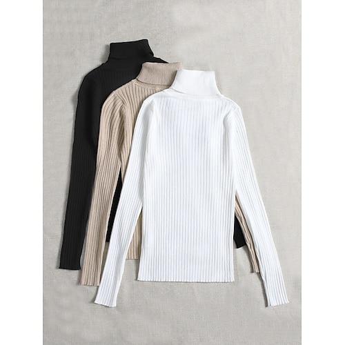 Damen Pullover Basic Brautkleider schlicht Feste Farbe Gerippt Rollkragen Strick Dünn Langarm Stricken Täglich SchwarzWeißGrau SchwarzAprikoseBraun Herbst Winter