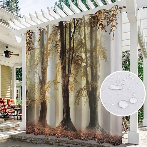 Wasserdichter Outdoor Vorhang Sichtschutzvorhang für den Außenbereich, Schiebevorhänge für die Terrasse, Pergola-Vorhänge mit Ösen, 3D-Waldlandschaft für Pavillon, Balkon, Veranda, Party, 1 Panel Image