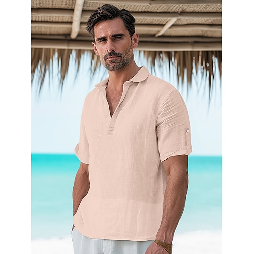 45 % Leinen Herren leinenhemd Popover-Shirt Sommerhemd Strandhemd Weiß Rosa Beige Kurzarm Glatt Kargen Sommer Outdoor Täglich Bekleidung Image