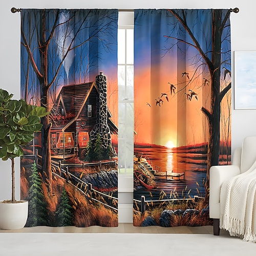 2 Paneele Waldhaus-Vorhang, Verdunkelungsvorhang für Wohnzimmer, Schlafzimmer, Küche, Fensterbehandlungen, wärmeisolierte Raumverdunkelung Image