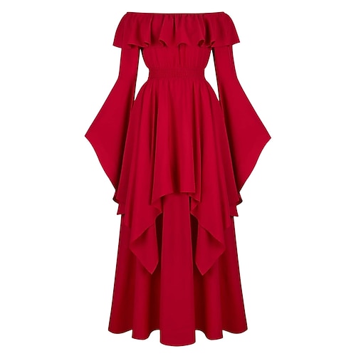 Elegant Mittelalterlich Renaissance Cocktailkleid Kleid im Regency-Stil Puffärmel Wikinger Elfen Schulterfrei Einfarbig Kostüm Damen Keltisch Seeräuber Fantasie Halloween Karneval Maskerade Halloween Image