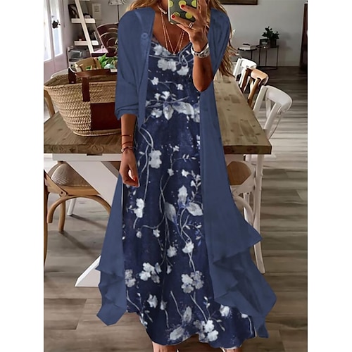 Damen Kleid-Set Freizeitkleid Druckkleid Mode Lässig Blumen Druck Langes Kleid Maxikleid Dreiviertelarm V Ausschnitt Täglich Outdoor Blau Rosa Himmelblau Sommer Frühling Normale Passform Image