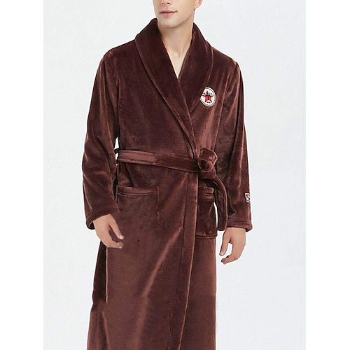 Herren Schlafanzug Morgenmantel Bademantel Glatt Stilvoll Brautkleider schlicht Komfort Heim Täglich Bett Flanell Komfort Warm Kargen Langarm Tasche Gürtel inbegriffen Herbst Winter Wein Marineblau Image