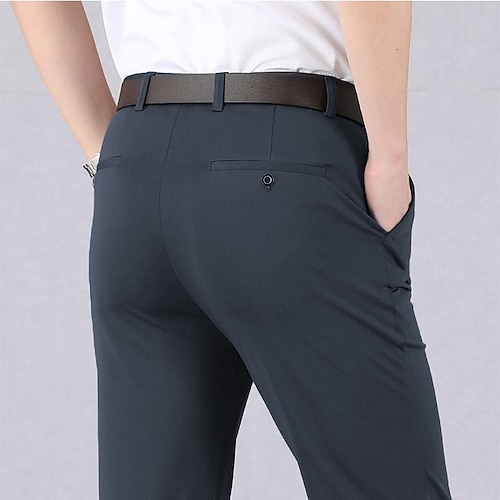 Herren Anzughosen Hose Hosen Freizeithose Tasche Elastische Taille Gerade geschnitten Glatt Dehnbar Hochzeit B¨¹ro Geschäft Stilvoll Ausgefallene Schwarz Wein Hoher Taillenbund Mikro-elastisch Image