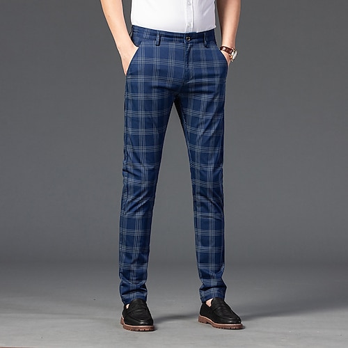 Herren Hose Hosen Chinesisch Chino Hosen Hose Jogginghosen Karierte Anzughose Tasche Klassisch Gerade geschnitten Gitter Komfort Draussen In voller Länge Formal Geschäft Täglich Dehnbar Smart Casual Image