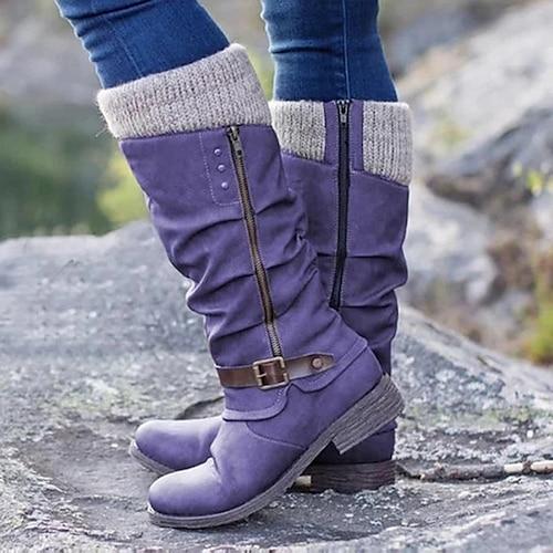 Damen Stiefel Springerstiefel Pulloverstiefel Reitstiefel Täglich Gehen Feste Farbe Kniehohe Stiefel Schnalle Blockabsatz Runde Zehe Vintage Brautkleider schlicht Komfort Wanderschuhe PU