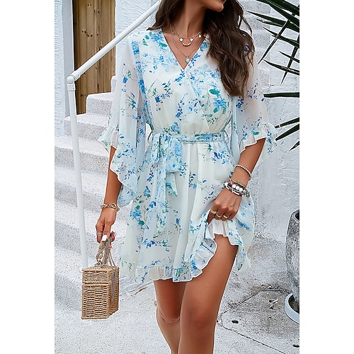Damen EU- / US-Größe Minikleid Casual kleid Etuikleid Sommerkleid Boho-Kleid Böhmen Kuschelig Hawaiianisch Schmetterling Urlaub Strasse Verabredung Schlank Rose 3D-Druck Tropisch Halbe Ärmel V Image
