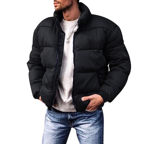 Herren Wintermantel Winterjacke puffer jacket Strickjacke Tasche Tasche mit Reißverschluss Ausgehen Casual Wandern Windundurchlässig Warm Winter Einfarbig Schwarz Rote Hellgrau Armeegrün Pufferjacke Image