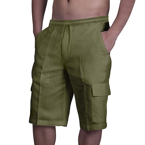 Herren Cargo-Shorts Shorts Leinenshorts Sommershorts Strandshorts Kordelzug Elastischer Bund Mehrere Taschen Einfach Knielang Strand Hawaiianisch Lässig Schwarz Weiß Unelastisch Image