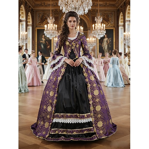 Vintage Rokoko Renaissance Maxi Kleid Normal Ein Hauch Aschenputtel Blume / Blumenmuster Prinzessin Quadrathals Kostüm Alle königlich Halloween Karneval Maskerade Leistung Party Halloween Erwachsene Image