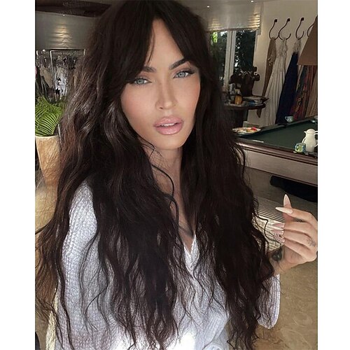 lange braune lockige Perücken für Frauen, tief gewellte Perücken mit Pony, synthetische, hitzebeständige Perücken mit Strähnchen Image