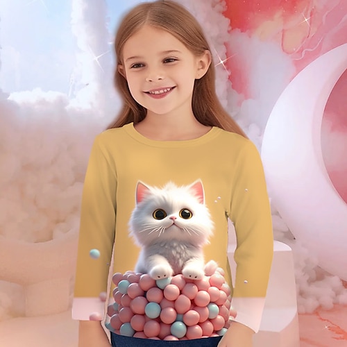 Mädchen 3D Graphic Karikatur Katze T-Shirt Langarm 3D-Druck Sommer Herbst Aktiv Modisch Kuschelig kinderkleidung 3-12 Jahre Outdoor Casual Täglich Regular Fit Image