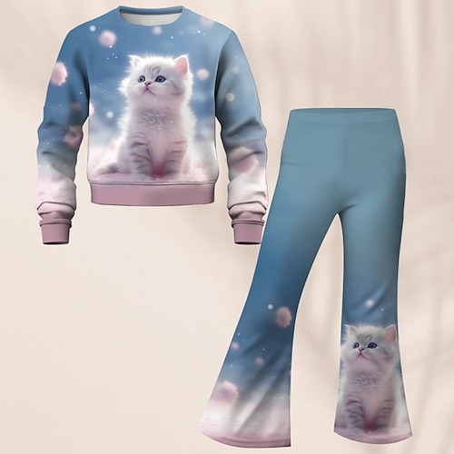 Mädchen 3D Galaxis Katze Set Set aus Sweatshirt und Schlaghose Langarm 3D-Druck Herbst Winter Aktiv Modisch Täglich kinderkleidung 4 Jahre Rundhalsausschnitt Outdoor Urlaub Verabredung Regular Fit Image