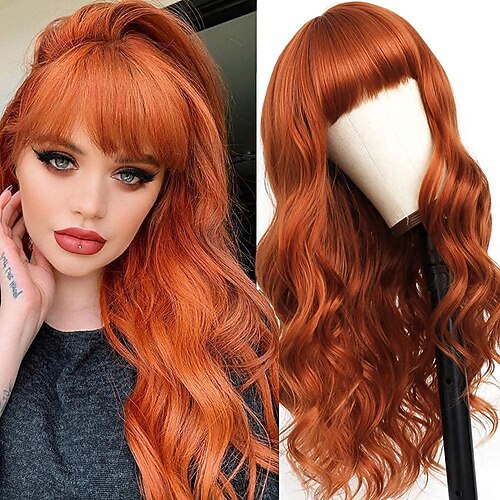 Langes lockiges Haar für Damen, Wellenperücke, lila Perücke mit Pony, synthetisches, hitzebeständiges Haar, volle Perücke, geeignet für tägliche Partys, Cosplay-Kostüme, St. Patrick's Day-Perücken Image